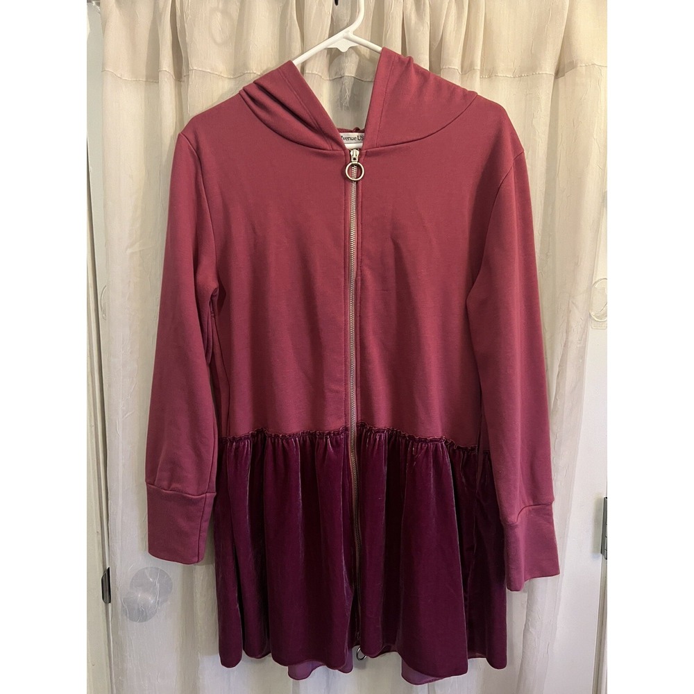 Women's Z Avenue Pink Hooded Tiered Mixed Media Velvet Long zipper Hoodie S
